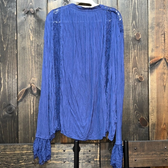 Free People Top M Georgia Lace Tunic Peasant Button Front Semi Sheer Navy Blue - Picture 8 of 13